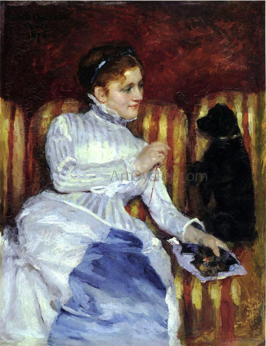  Mary Cassatt Woman on a Striped with a Dog (also known as Young Woman on a Striped Sofa with Her Dog) - Canvas Print