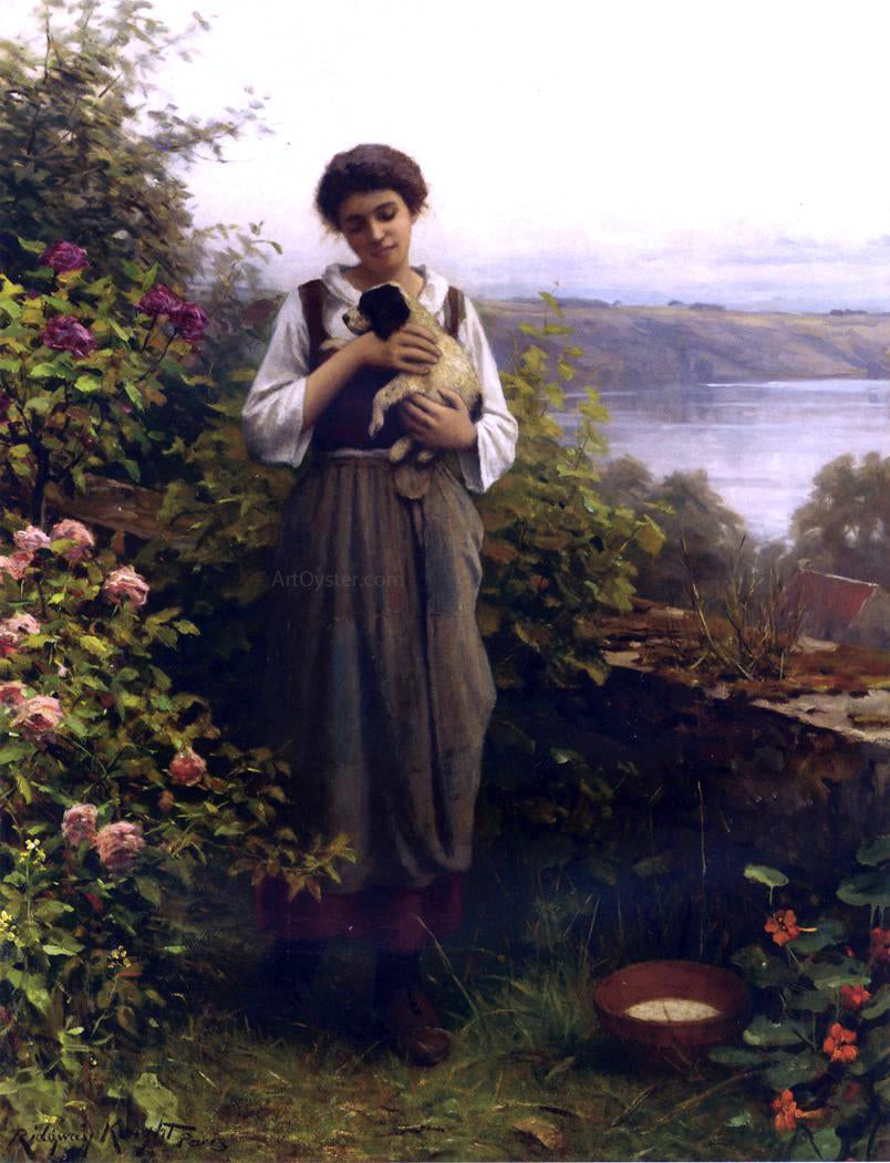  Daniel Ridgway Knight Young Girl Holding a Puppy - Canvas Print