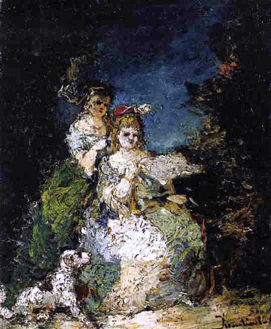  Adolphe-Joseph-Thomas Monticelli Young Girls and Dog in a Park - Canvas Print