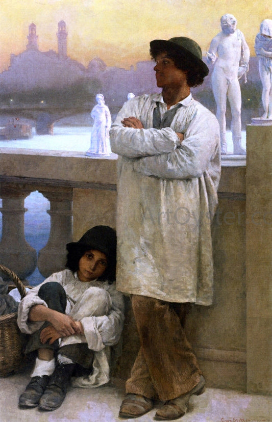  Carl Ernst Von Stetten Young Sculptors on a Bridge in Paris, the Old Trocadero in the Distance - Canvas Print