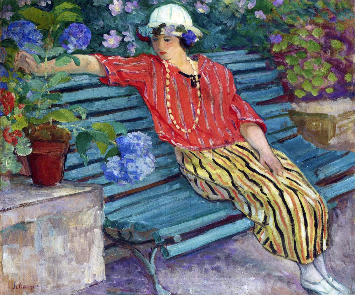  Henri Lebasque A Young Woman Seated with Hydrangeas - Canvas Print