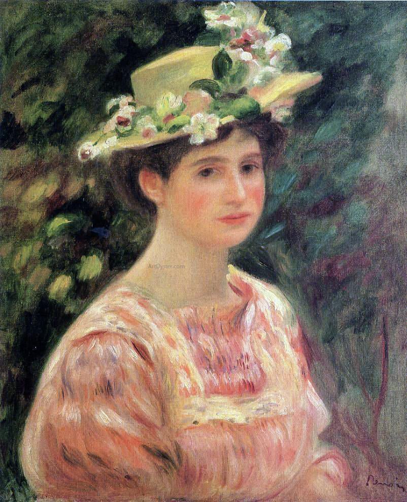  Pierre Auguste Renoir Young Woman Wearing a Hat with Wild Roses - Canvas Print